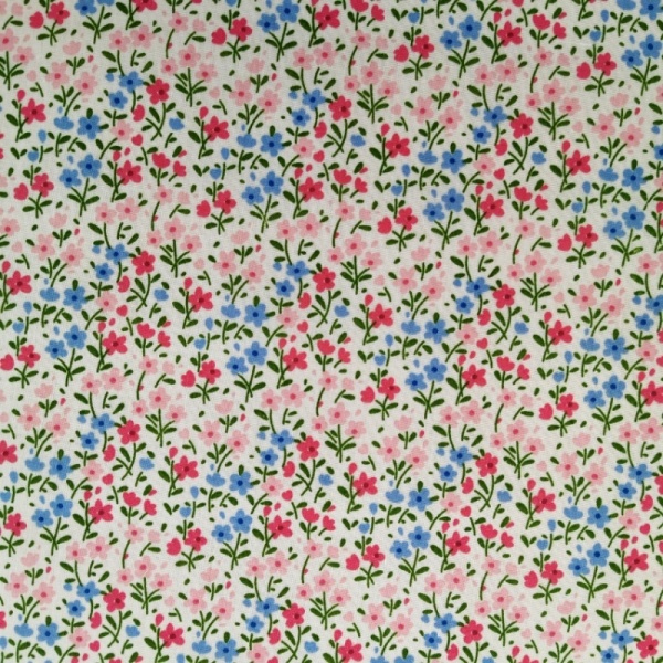 Small Sky Blue & Pink Floral on White Polycotton